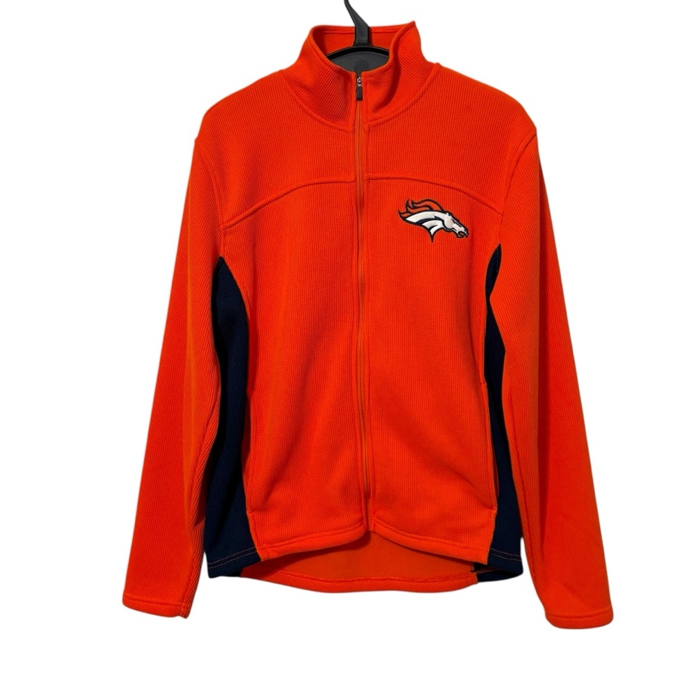 NFL Size Medium Orange Blue Broncos Embroidered Waffle Knit Full Zip Jacket